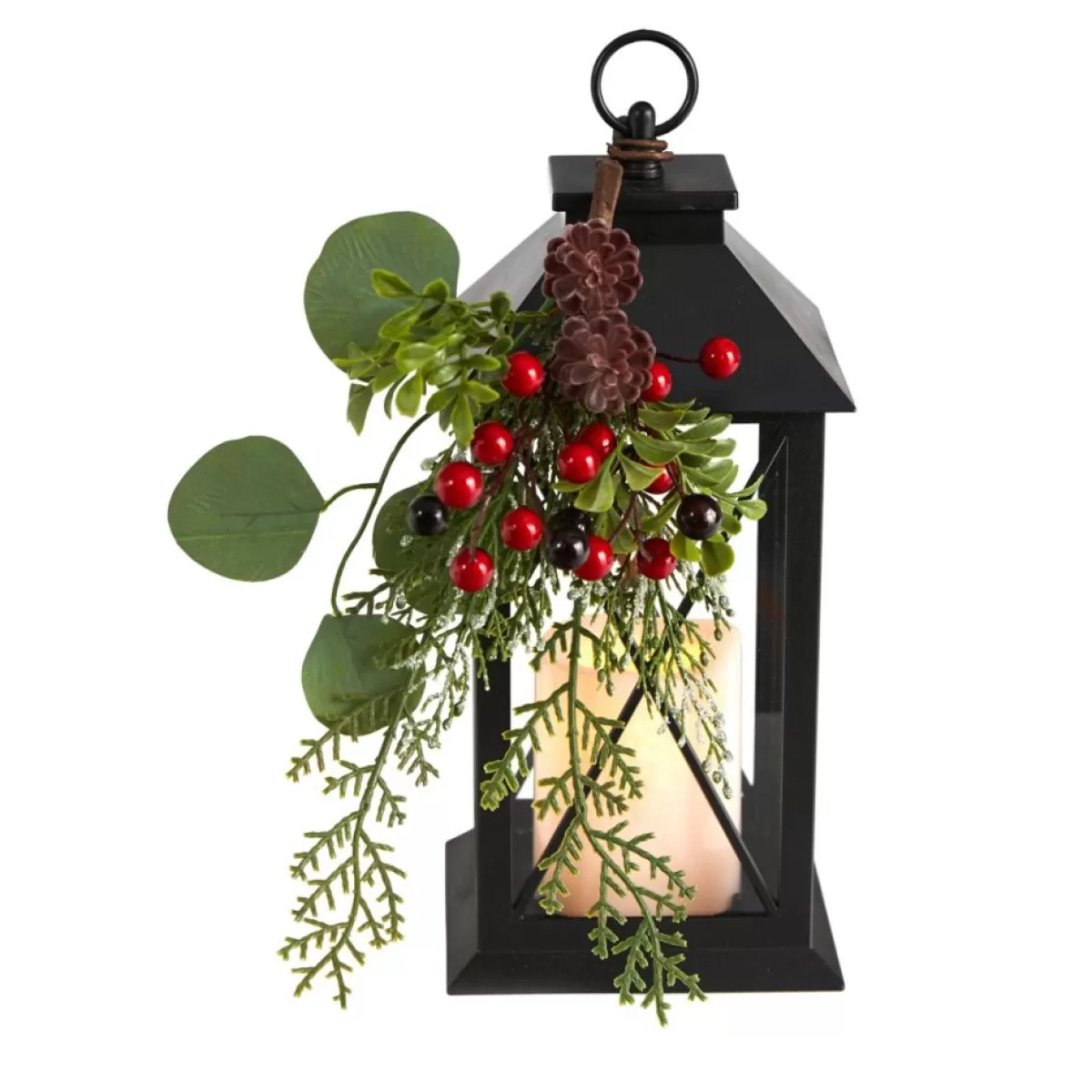 Nearly Natural Candles | 12" Holiday Berries And Greenery Metal Lantern