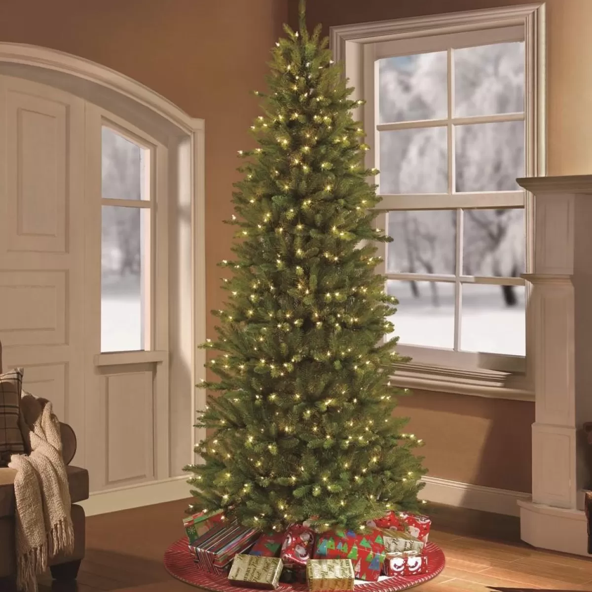 Puleo International Christmas Trees | 12' Slim Franklin Fir Artificial Christmas Tree - 1200 Clear Lights