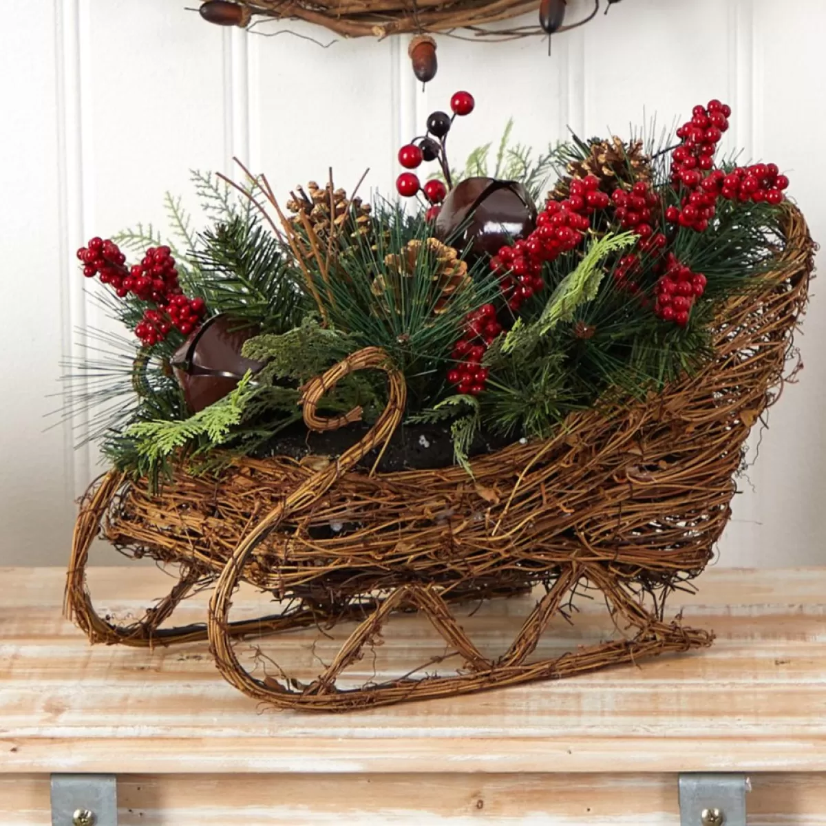 Nearly Natural Wreaths, Garlands & More | 18" Christmas Sleigh With Pine, Pinecones And Berries