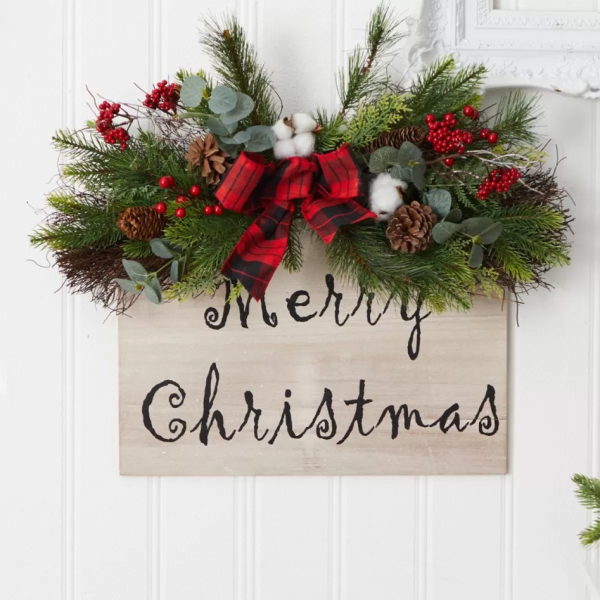 Nearly Natural Indoor Decor | 20 In. Christmas Wall Hanger With Plaid Bow