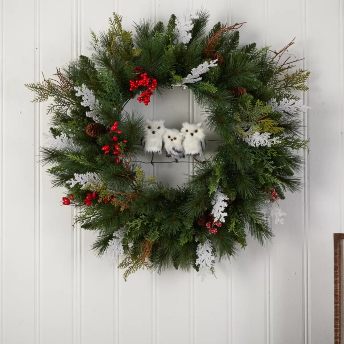 Nearly Natural Wreaths, Garlands & More | 24 In. Holiday Owl Family Wreath