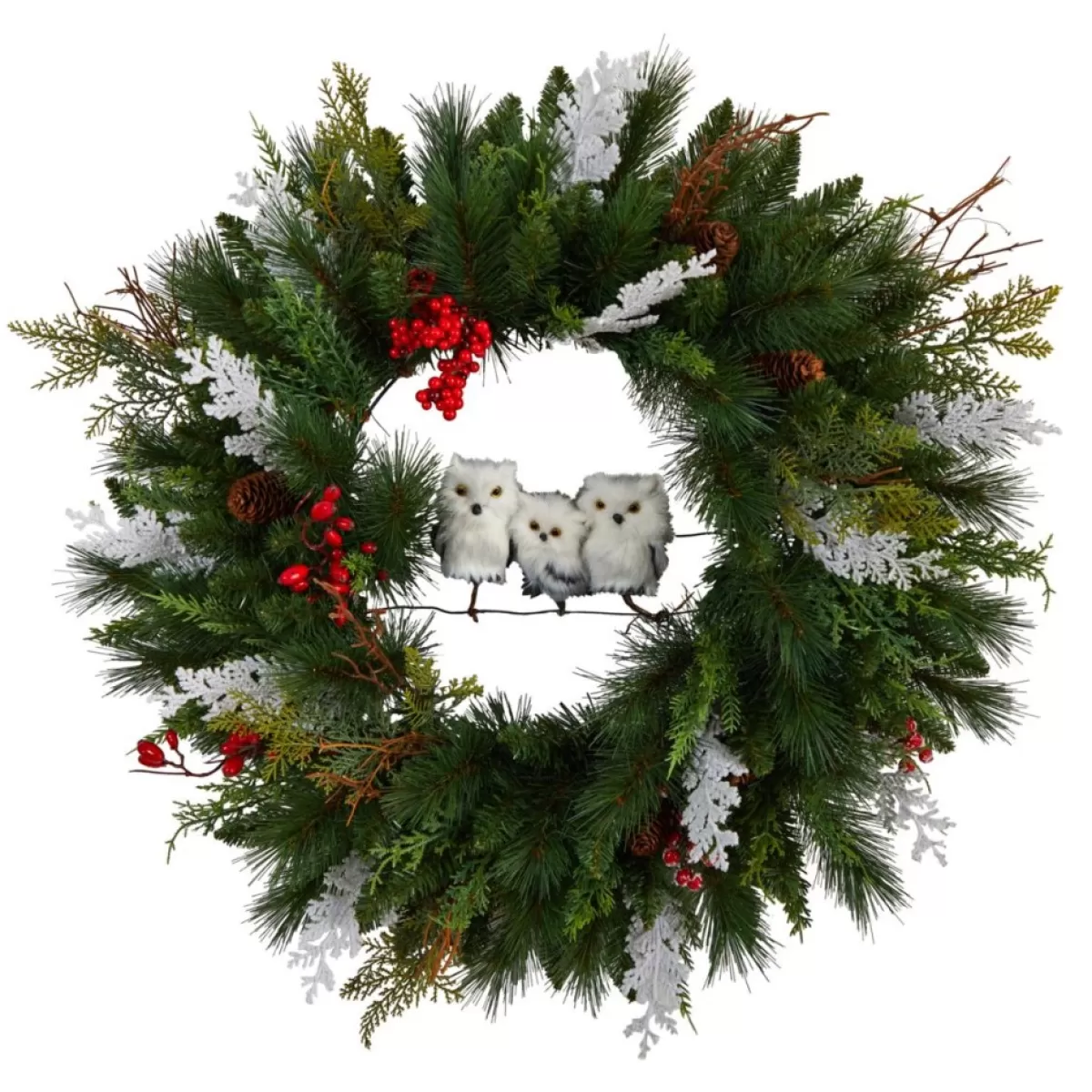 Nearly Natural Wreaths, Garlands & More | 24 In. Holiday Owl Family Wreath