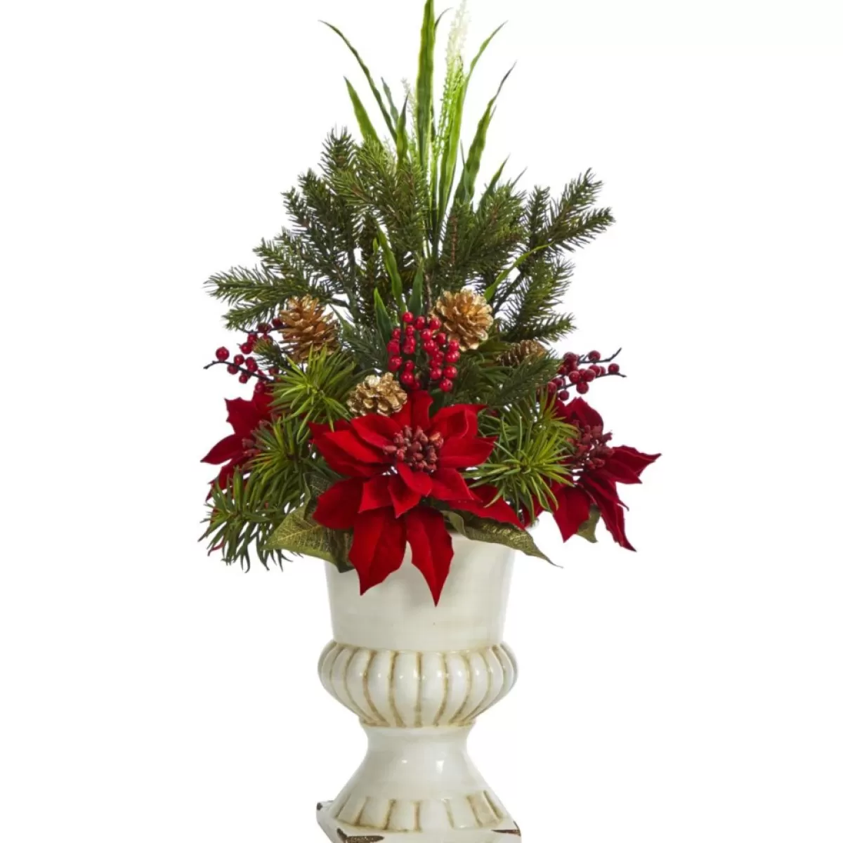 Nearly Natural Wreaths, Garlands & More | 28 In. Poinsettia, Grass And Succulent Artificial Arrangement In White Urn