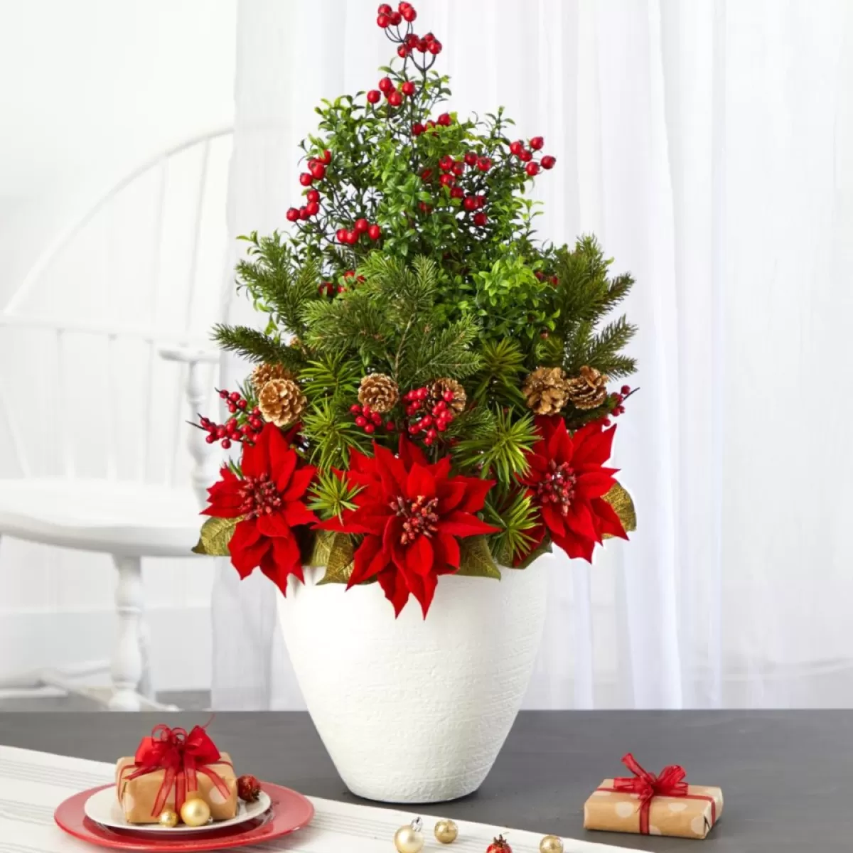 Nearly Natural Indoor Decor | 32 In. Poinsettia, Boxwood And Succulent Artificial Arrangement In White Vase
