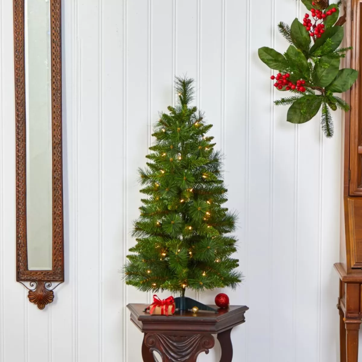 Nearly Natural Christmas Trees | 3 Ft. New Haven Pine Artificial Christmas Tree With 50 Warm White Led Lights And 93 Bendable Branche