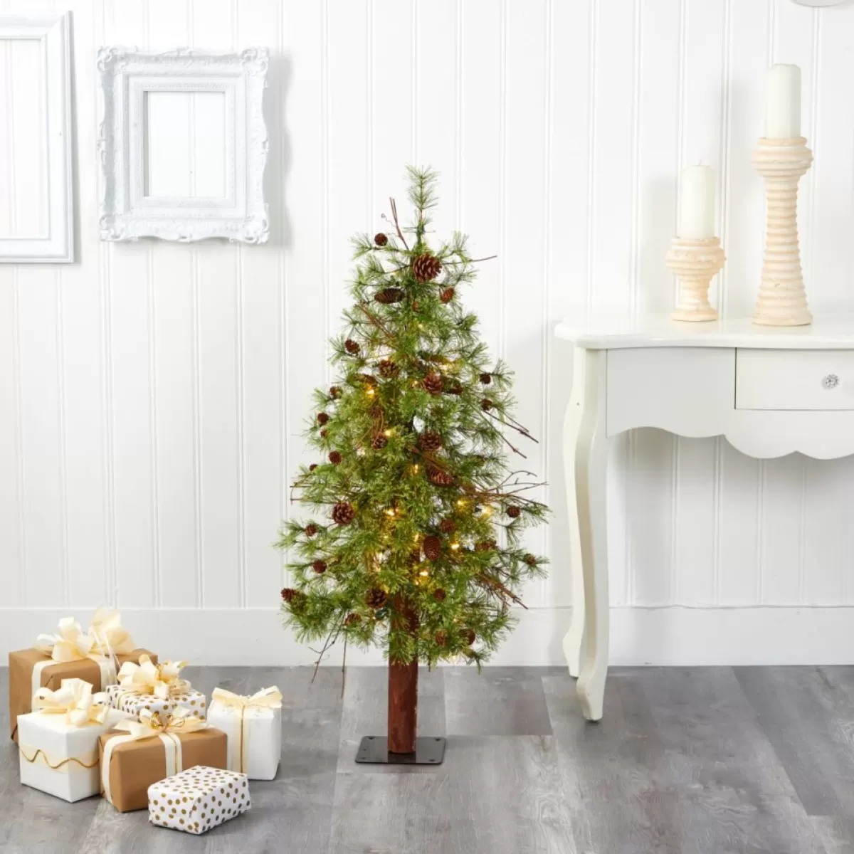 Nearly Natural Christmas Trees | 4' Wyoming Alpine Artificial Christmas Tree With 50 Clear Multifunction Led Lights And Pine Cones On