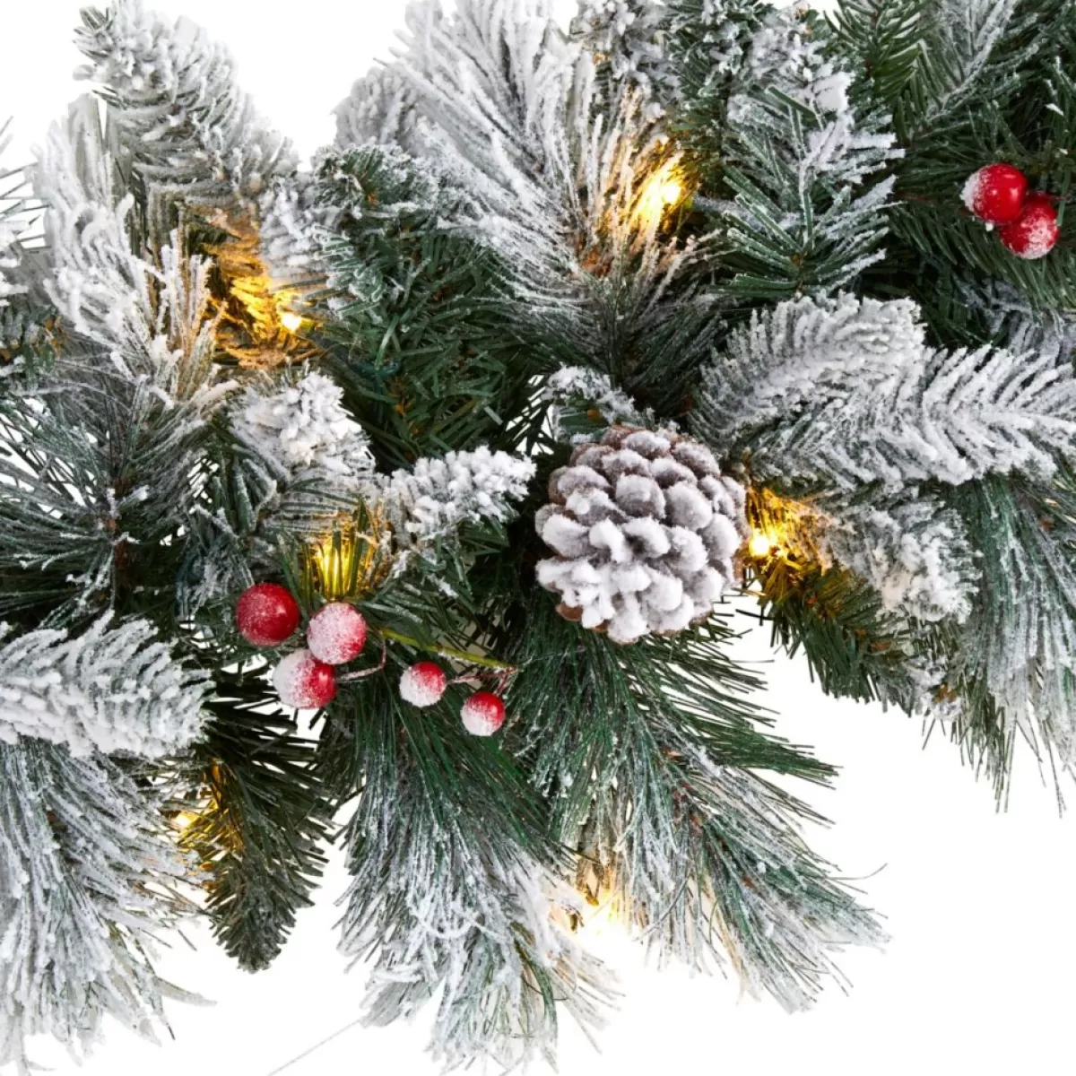 Nearly Natural Wreaths, Garlands & More | 6 Ft. Flocked Mixed Pine Artificial Christmas Garland With 50 Led Lights, Pine Cones And Berries