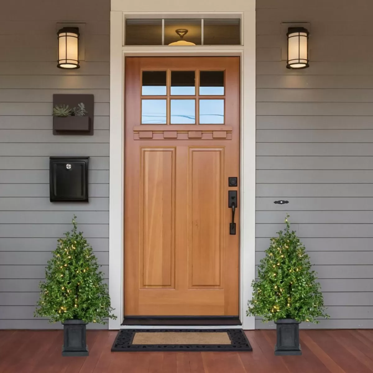 Fraser Hill Farm Outdoor Decor | Boxwood Porch Tree In Black Pot With Warm White Lights, Set Of 2