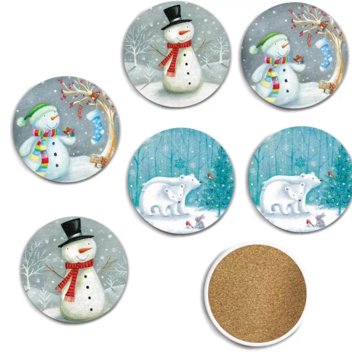 Courtside Market Holiday Entertaining | Snowman & Polar Bear 6-Piece Ceramic Coaster Set
