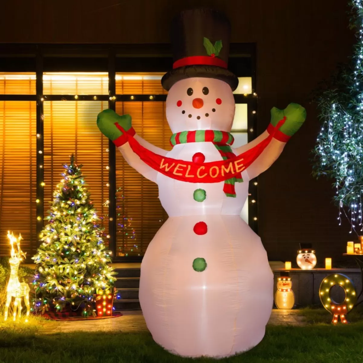 Glitzhome Outdoor Decor | 12' Lighted Inflatable Snowman With Welcome Decor