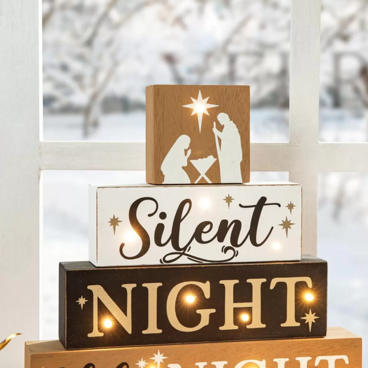 Glitzhome Indoor Decor | 12In H Lighted Wooden Nativity Block Word Sign