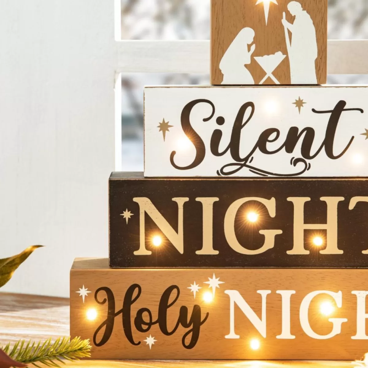 Glitzhome Indoor Decor | 12In H Lighted Wooden Nativity Block Word Sign