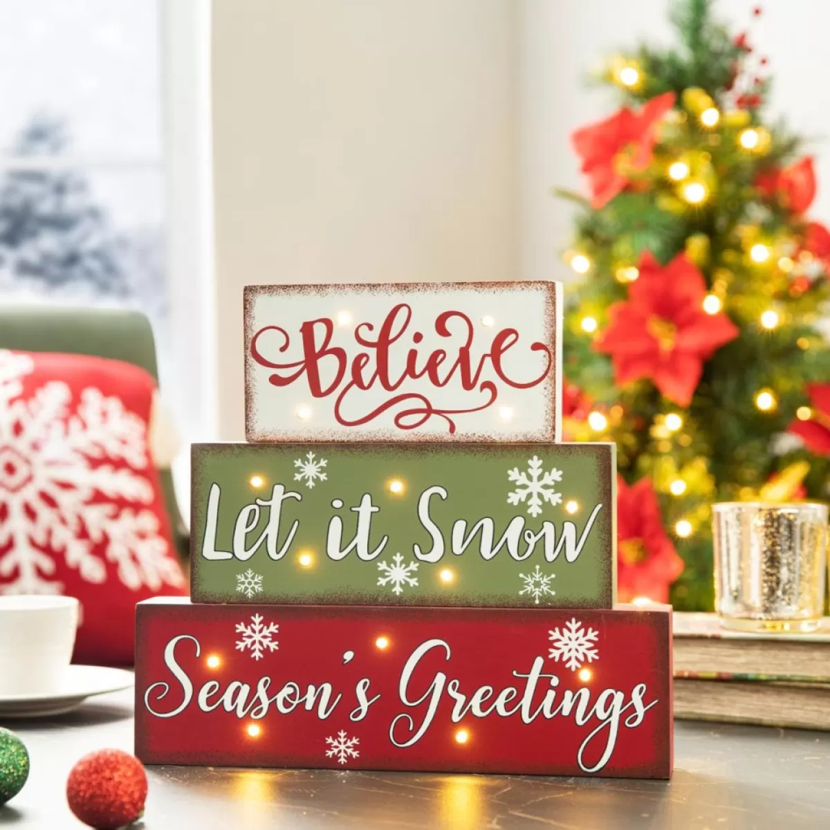 Glitzhome Indoor Decor | 12In L Led Lighted Wooden And Metal Block Word Sign