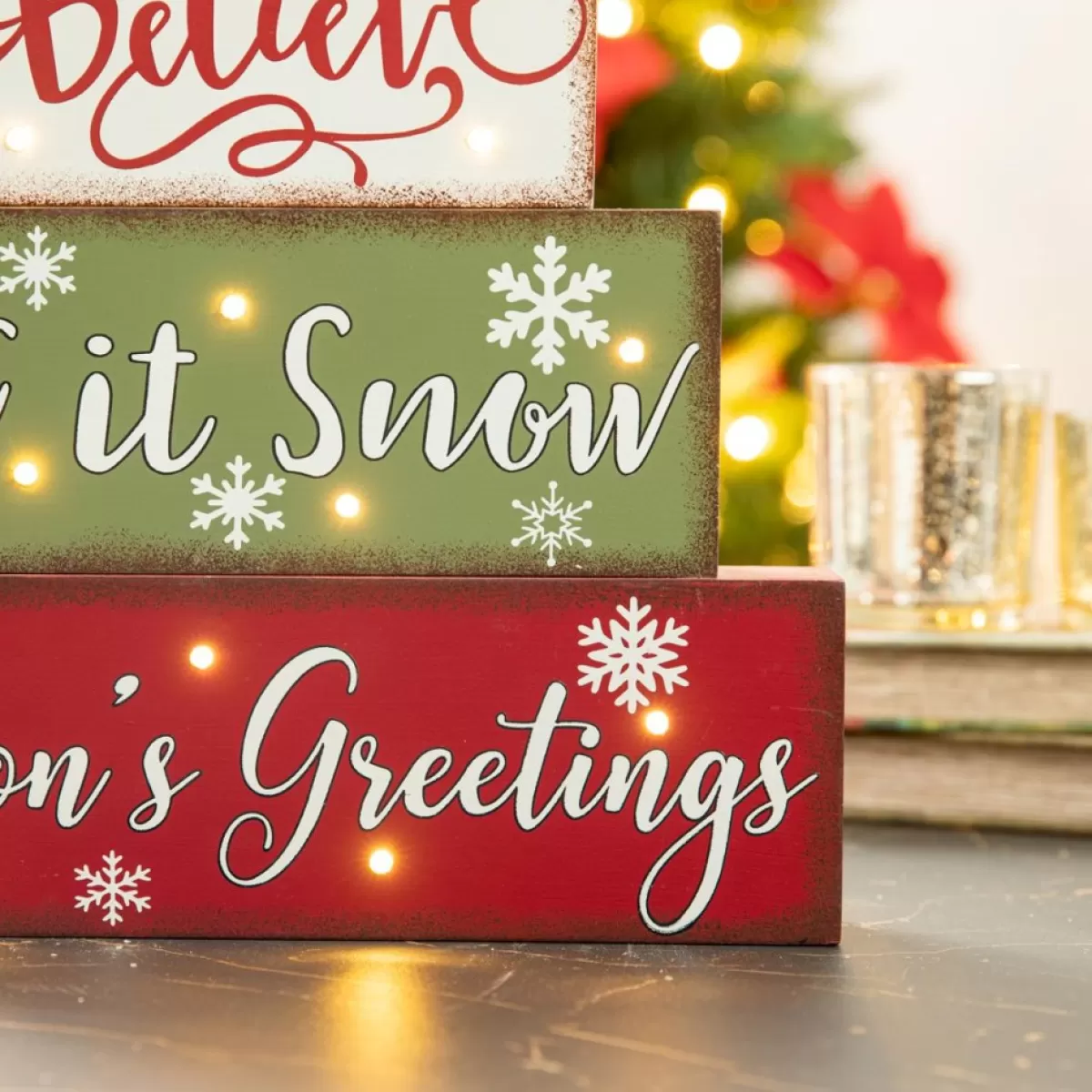 Glitzhome Indoor Decor | 12In L Led Lighted Wooden And Metal Block Word Sign