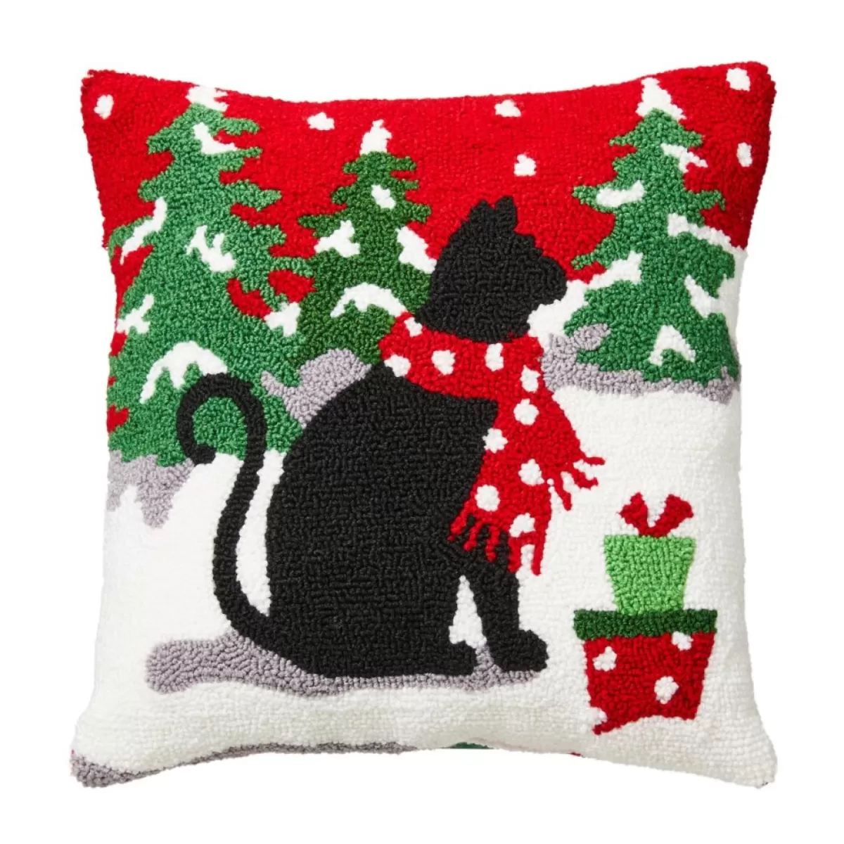 Glitzhome Holiday Textiles | 14In L Hooked Christmas Cat Pillow