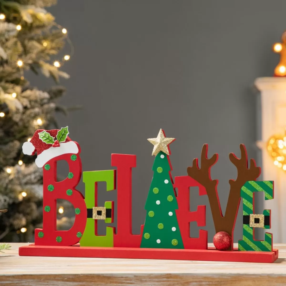 Glitzhome Indoor Decor | 14In L Wooden Christmas Believe Table Decor