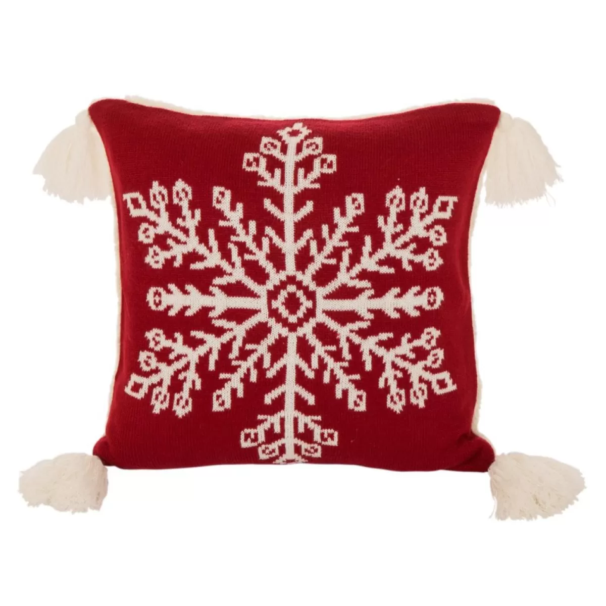 Glitzhome Holiday Textiles | 18In Knitted Snowflake Acrylic Red Pillow Cover With Tassels