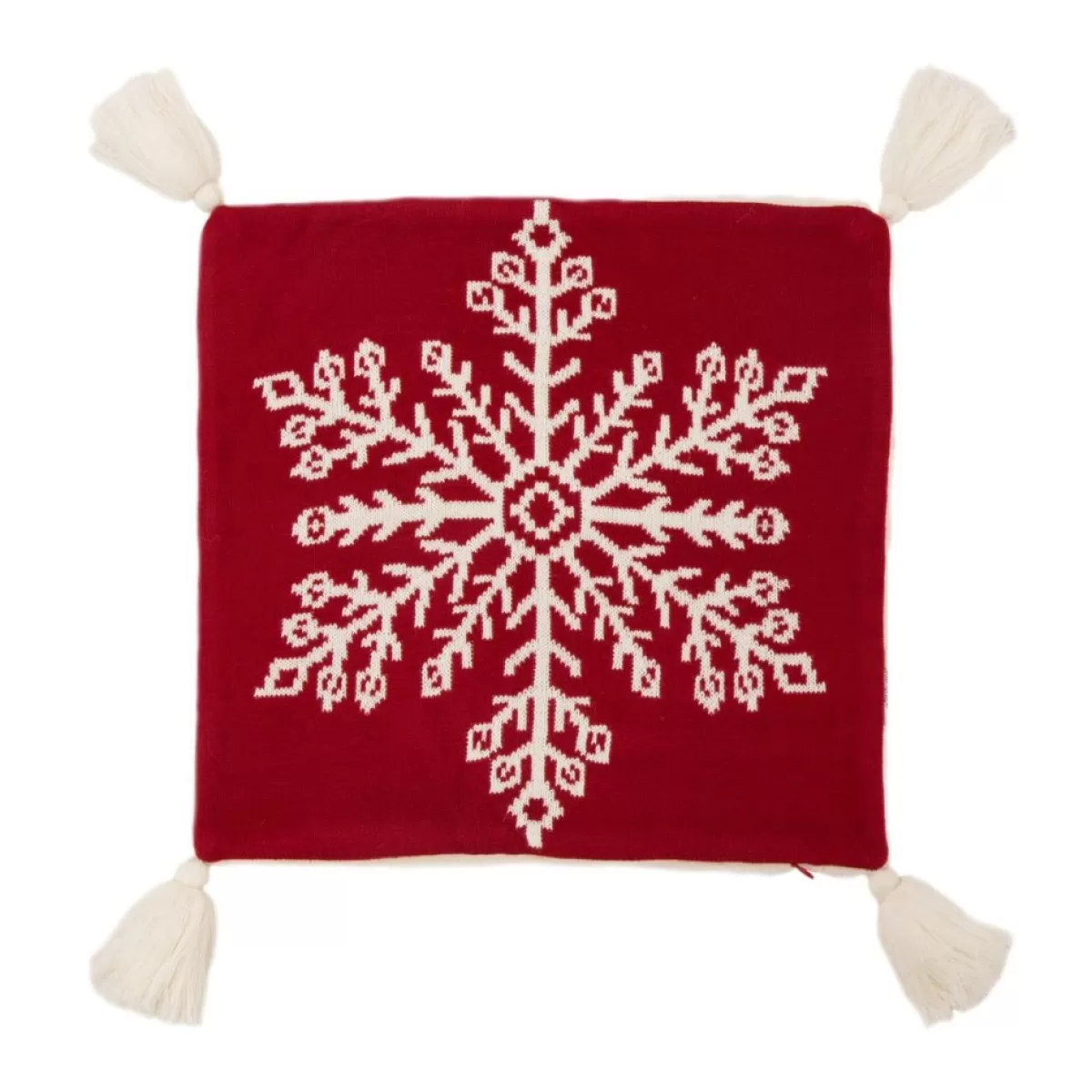 Glitzhome Holiday Textiles | 18In Knitted Snowflake Acrylic Red Pillow Cover With Tassels