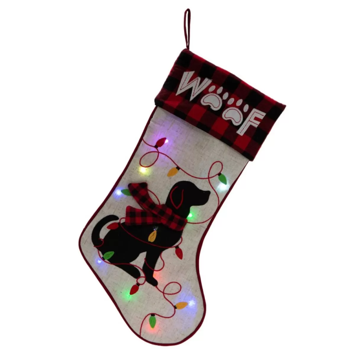 Glitzhome Holiday Textiles | 21" L Led Embroidered Linen Dog Christmas Stocking