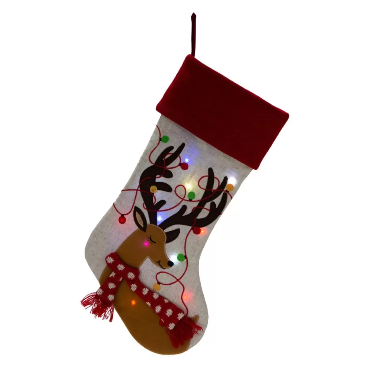 Glitzhome Holiday Textiles | 21" L Led Embroidered Linen Reindeer Christmas Stocking