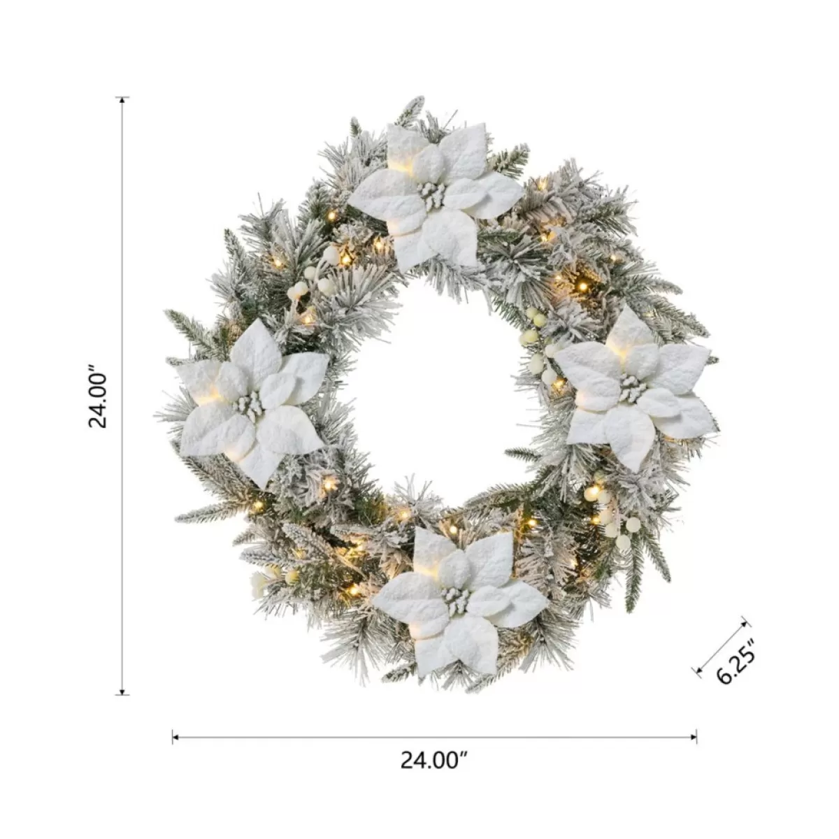 Glitzhome Wreaths, Garlands & More | 24" D Led Flocked Greenery Pine Poinsettia Christmas Wreath