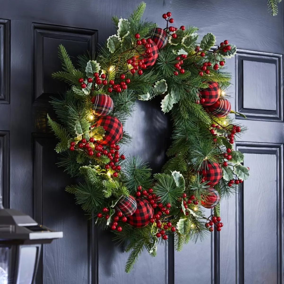 Glitzhome Wreaths, Garlands & More | 24" D Ornament Berry Holly Pine Wreath With Lights