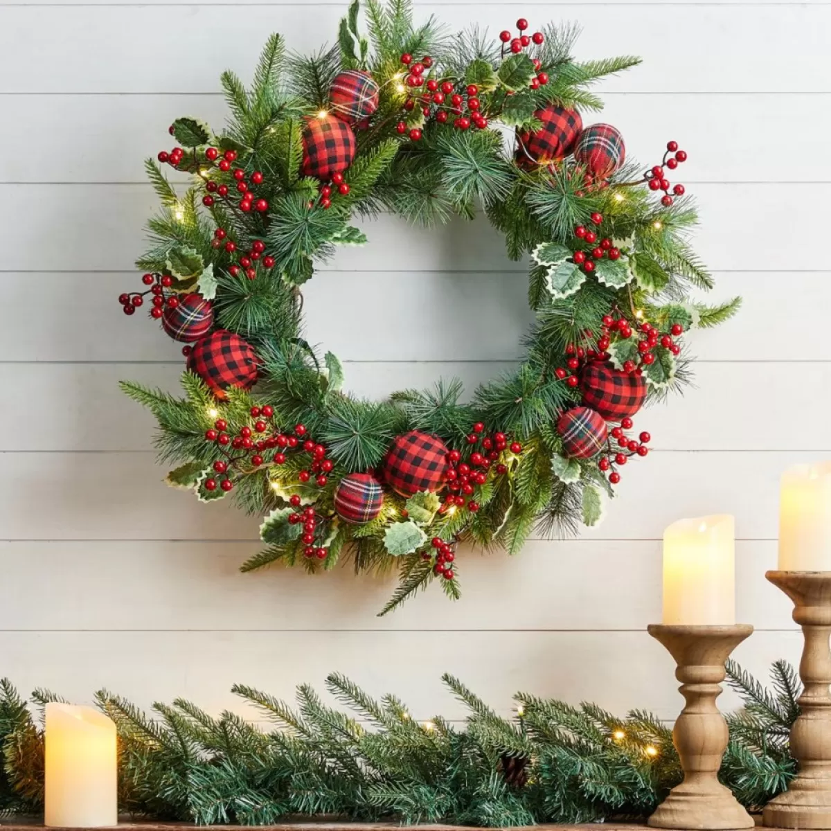 Glitzhome Wreaths, Garlands & More | 24" D Ornament Berry Holly Pine Wreath With Lights