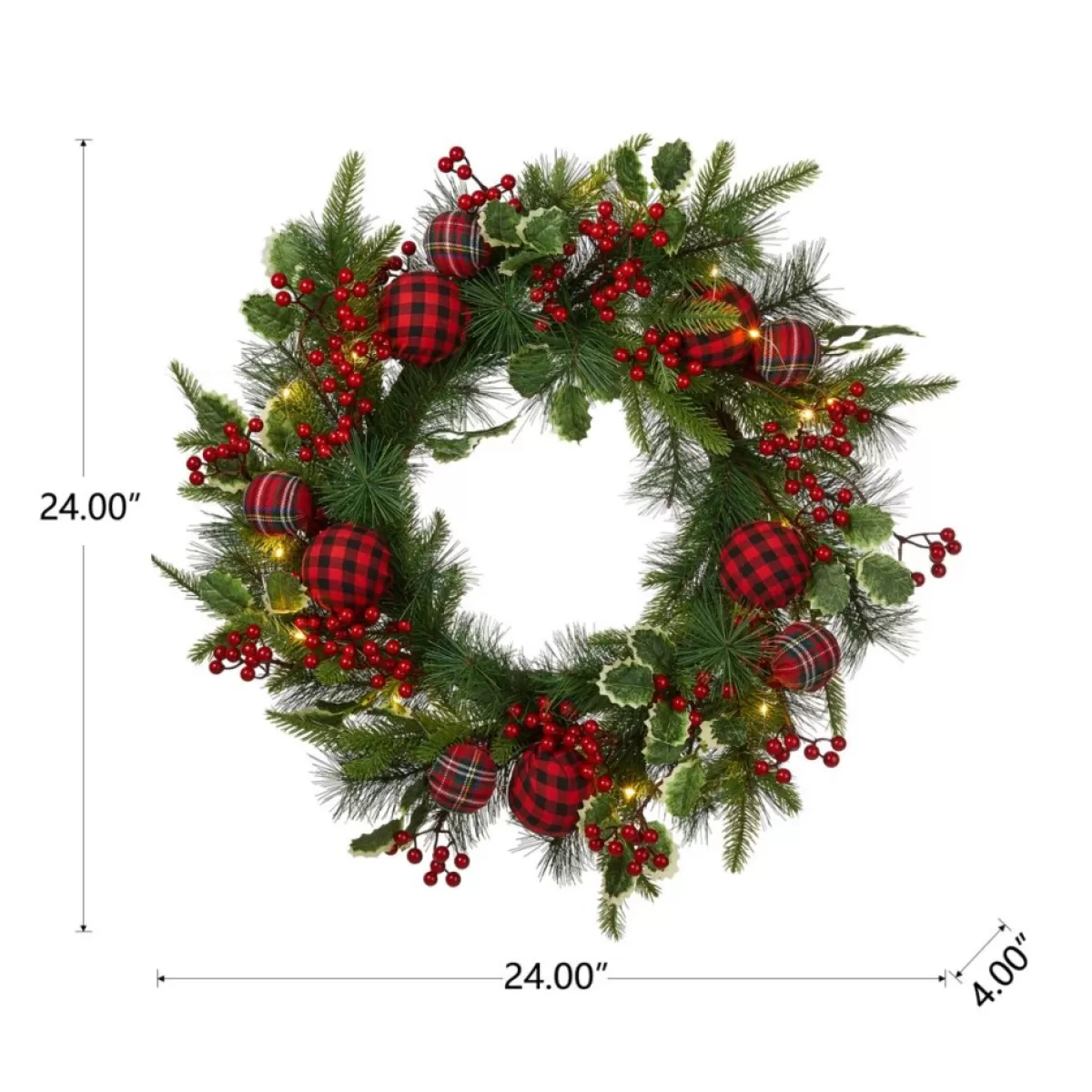 Glitzhome Wreaths, Garlands & More | 24" D Ornament Berry Holly Pine Wreath With Lights