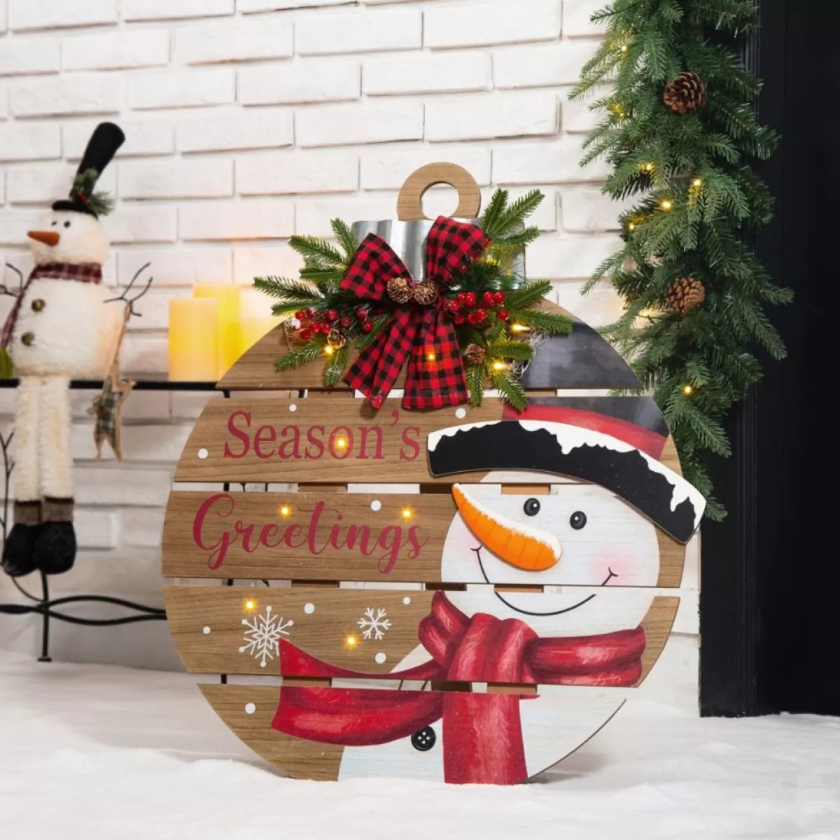 Glitzhome Outdoor Decor | 30.25" H Lighted Round Wooden Snowman Porch Decor
