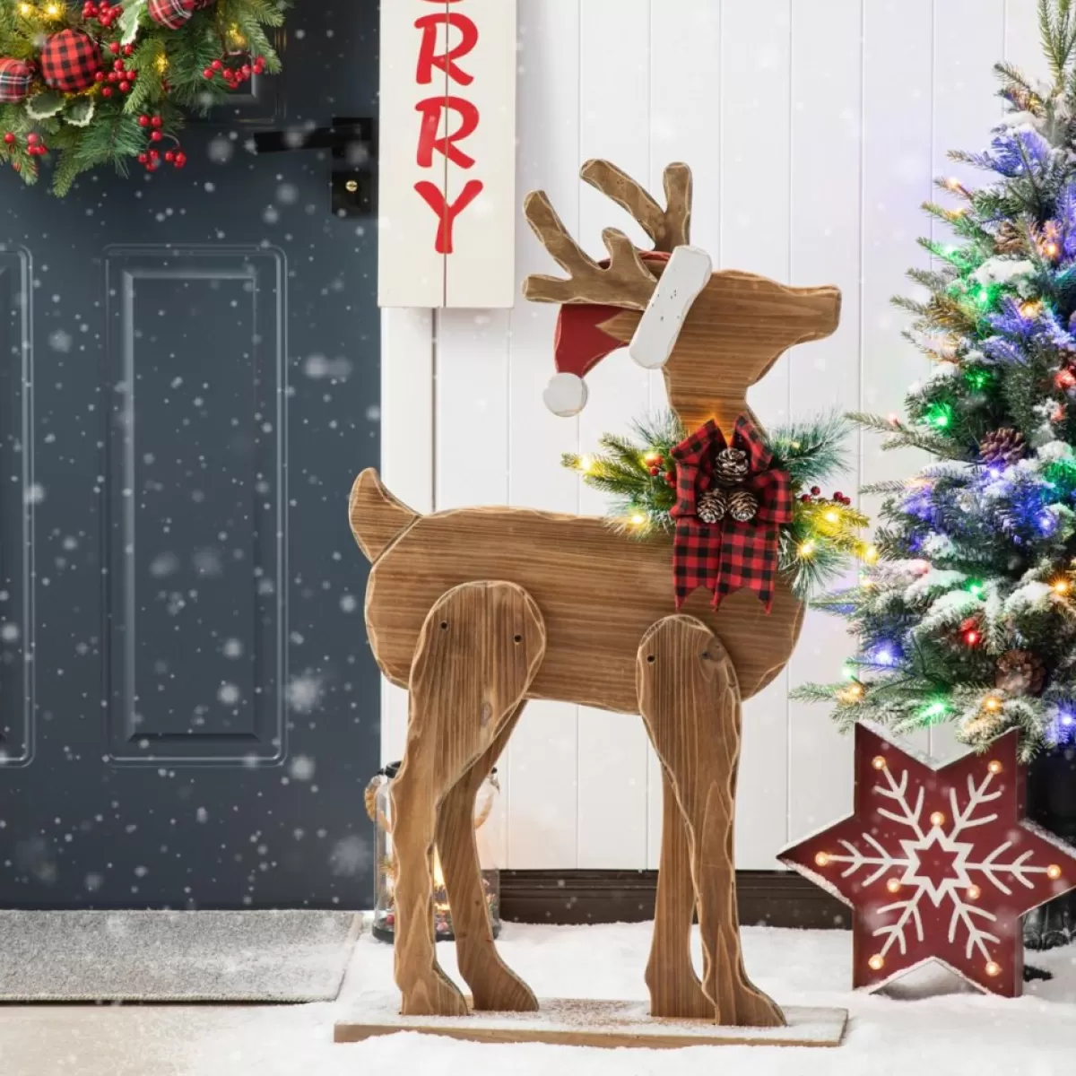 Glitzhome Outdoor Decor | 36" H Chunky Wood Reindeer Porch Decor