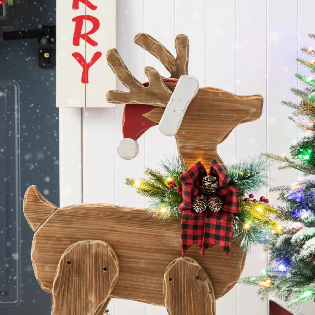 Glitzhome Outdoor Decor | 36" H Chunky Wood Reindeer Porch Decor