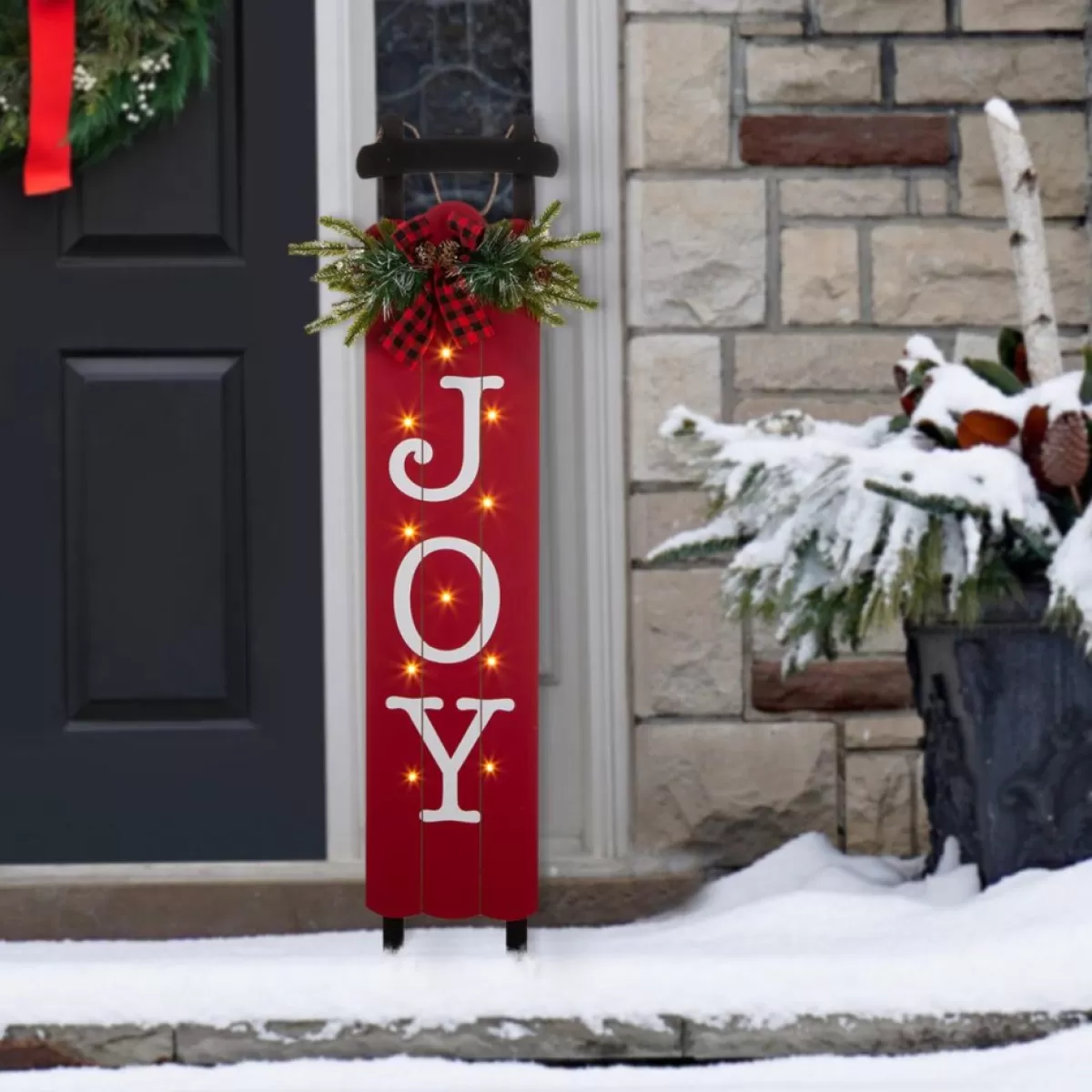 Glitzhome Outdoor Decor | 40"H Lighted Wooden Sleigh Joy Porch Sign