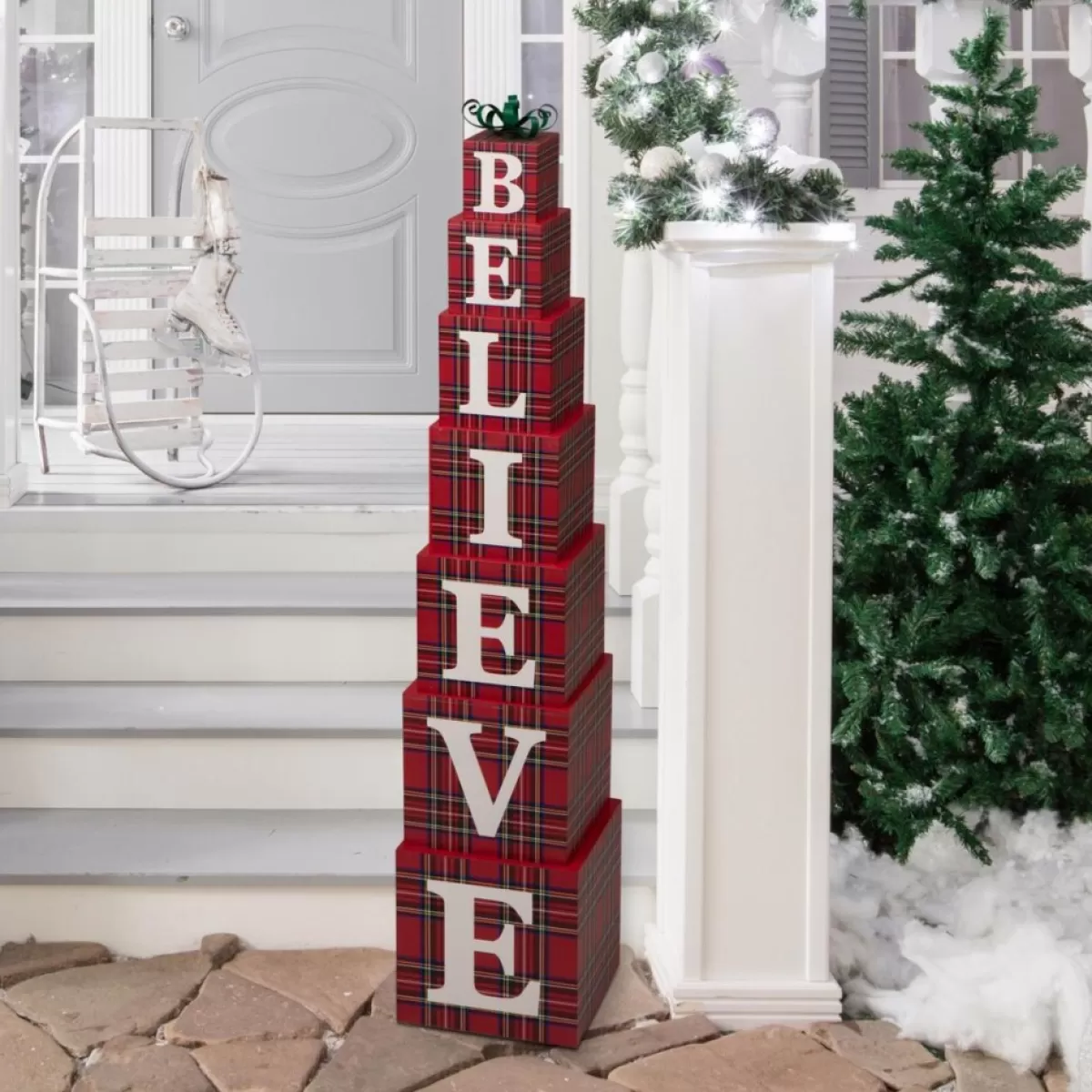 Glitzhome Outdoor Decor | 42"H Wooden Believe Double Sided Porch Decor