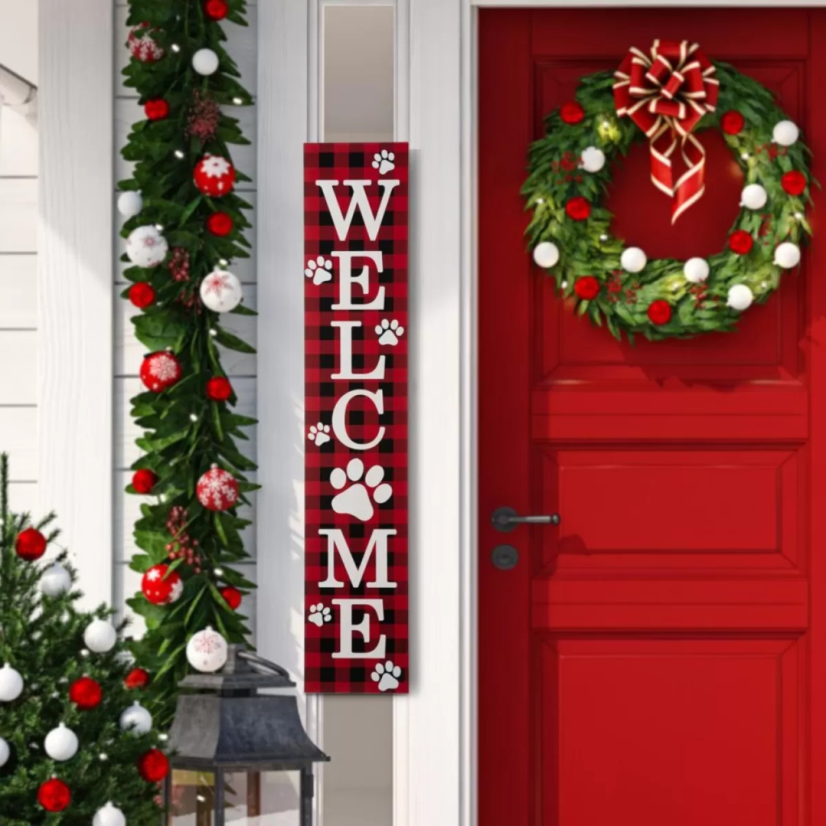 Glitzhome Outdoor Decor | 42"H Wooden Plaid Pet Welcome Porch Sign