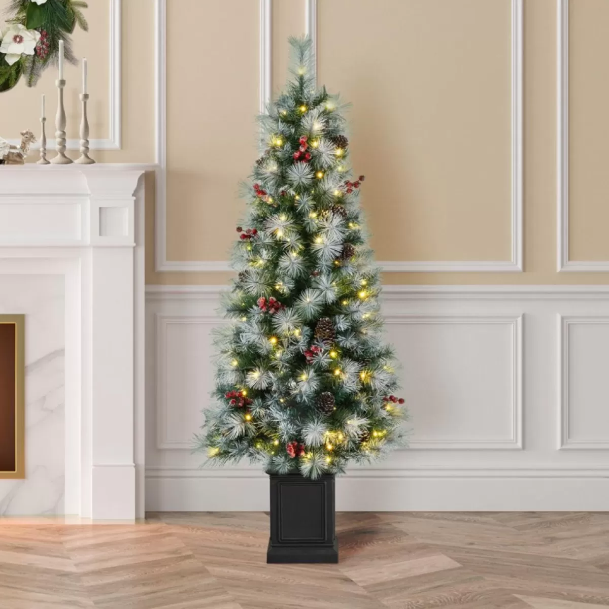 Glitzhome Christmas Trees | 5Ft Pre-Lit Artificial Christmas Porch Tree With Pinecones
