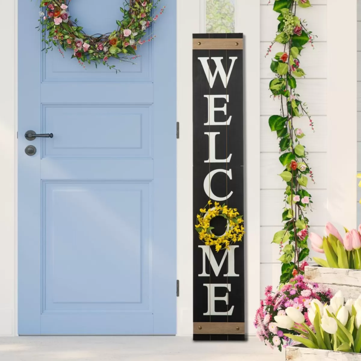Glitzhome Outdoor Decor | 60" Wooden Welcome Porch Sign W/4 Interchangeable Wreaths