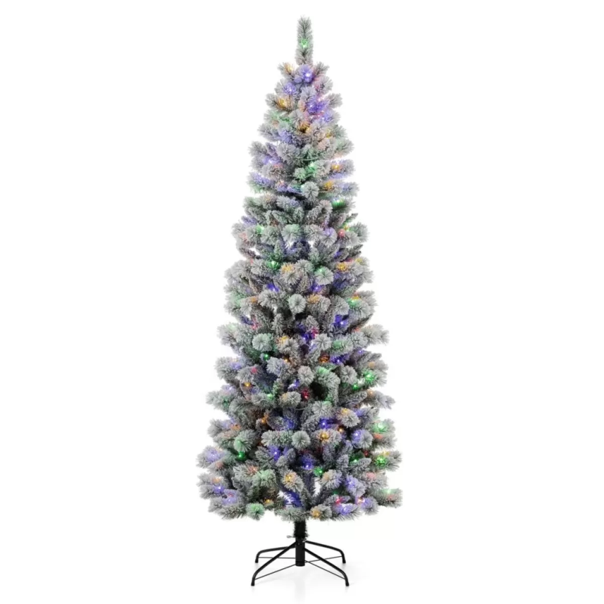 Glitzhome Christmas Trees | 7.5Ft Pre-Lit Flocked Pencil Green Pine Christmas Tree