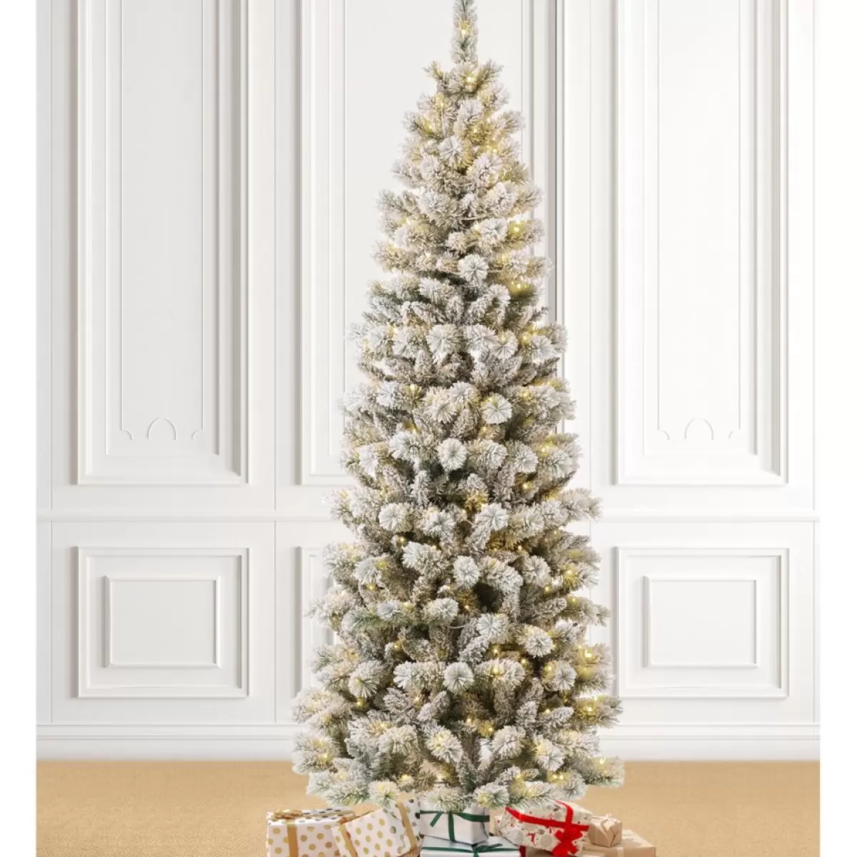 Glitzhome Christmas Trees | 7.5Ft Pre-Lit Flocked Pencil Green Pine Christmas Tree