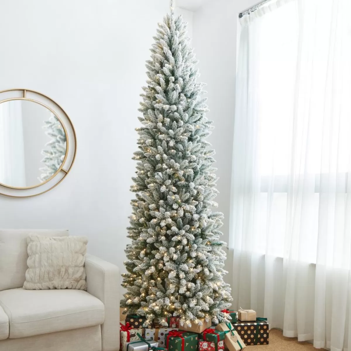 Glitzhome Christmas Trees | 9 Ft. Preloaded Led Pencil Fir Artificial Christmas Tree