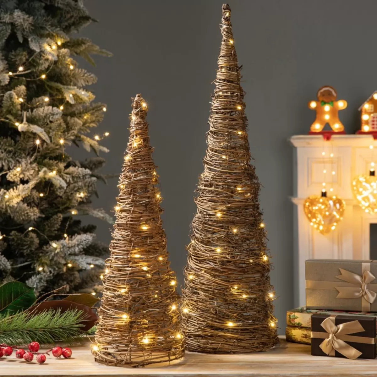 Glitzhome Indoor Decor | Set Of 2 Lighted Rattan Christmas Table Tree Decor
