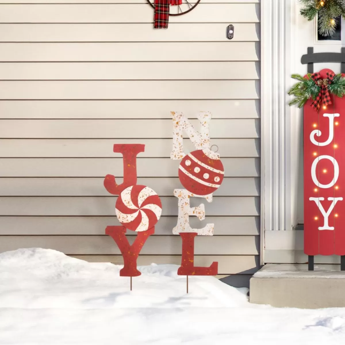 Glitzhome Outdoor Decor | Set Of 2 Rusty Metal Joy And Noel Yard Stake Or Wall Decor