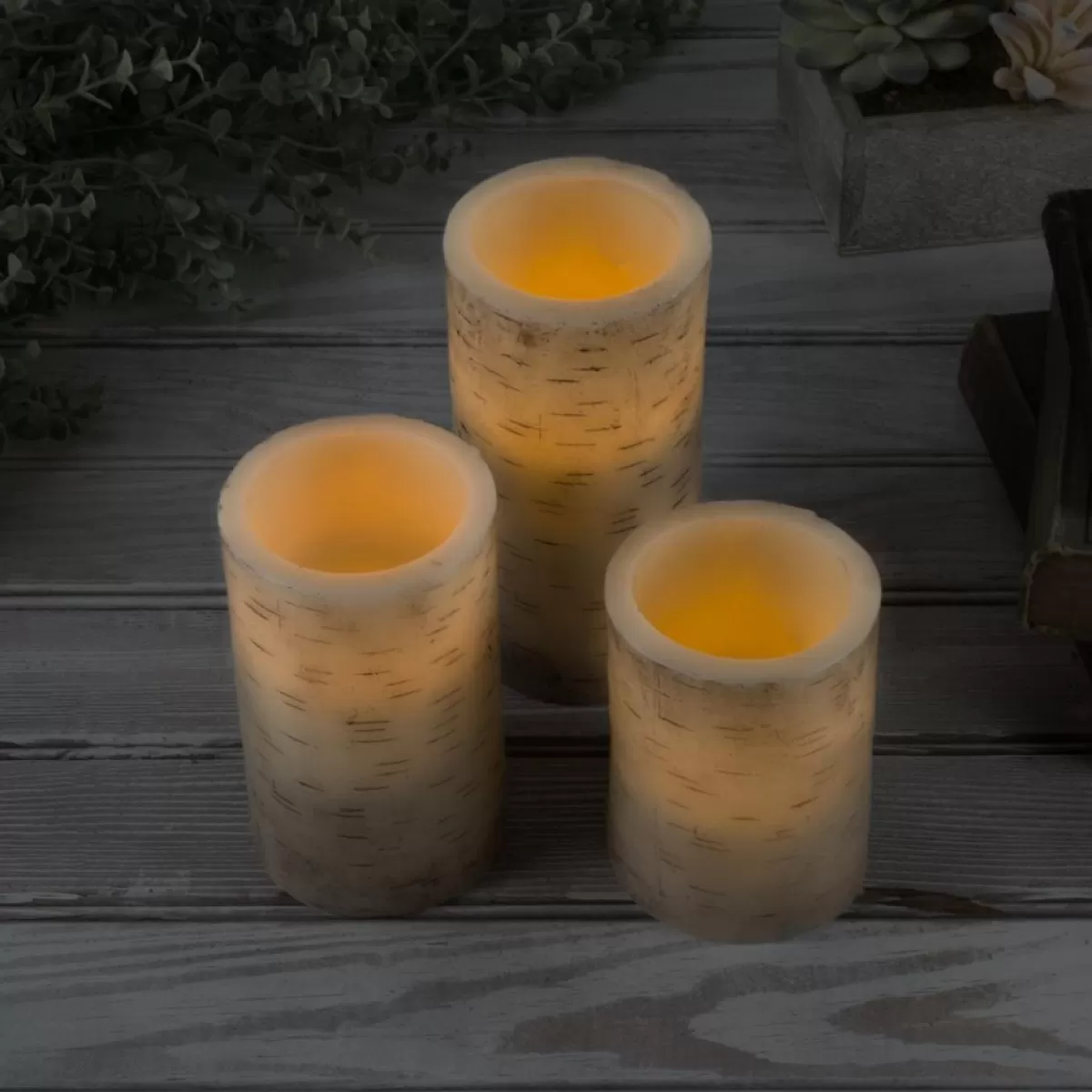Lavish Home Candles | Flickering Flameless Led Candles With Birch Bark- Set Of 3