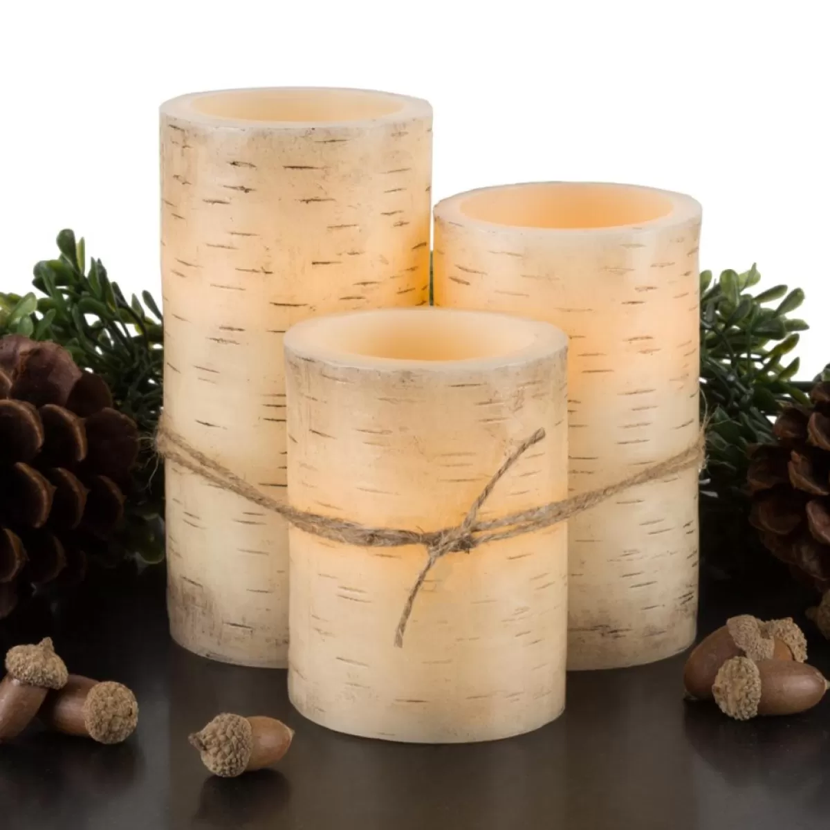Lavish Home Candles | Flickering Flameless Led Candles With Birch Bark- Set Of 3