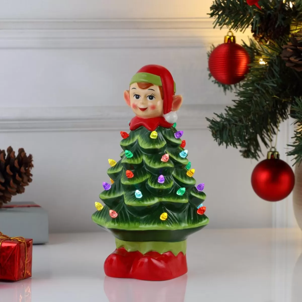 Mr. Christmas Indoor Decor | 15" Nostalgic Ceramic Tree With Elf Topper