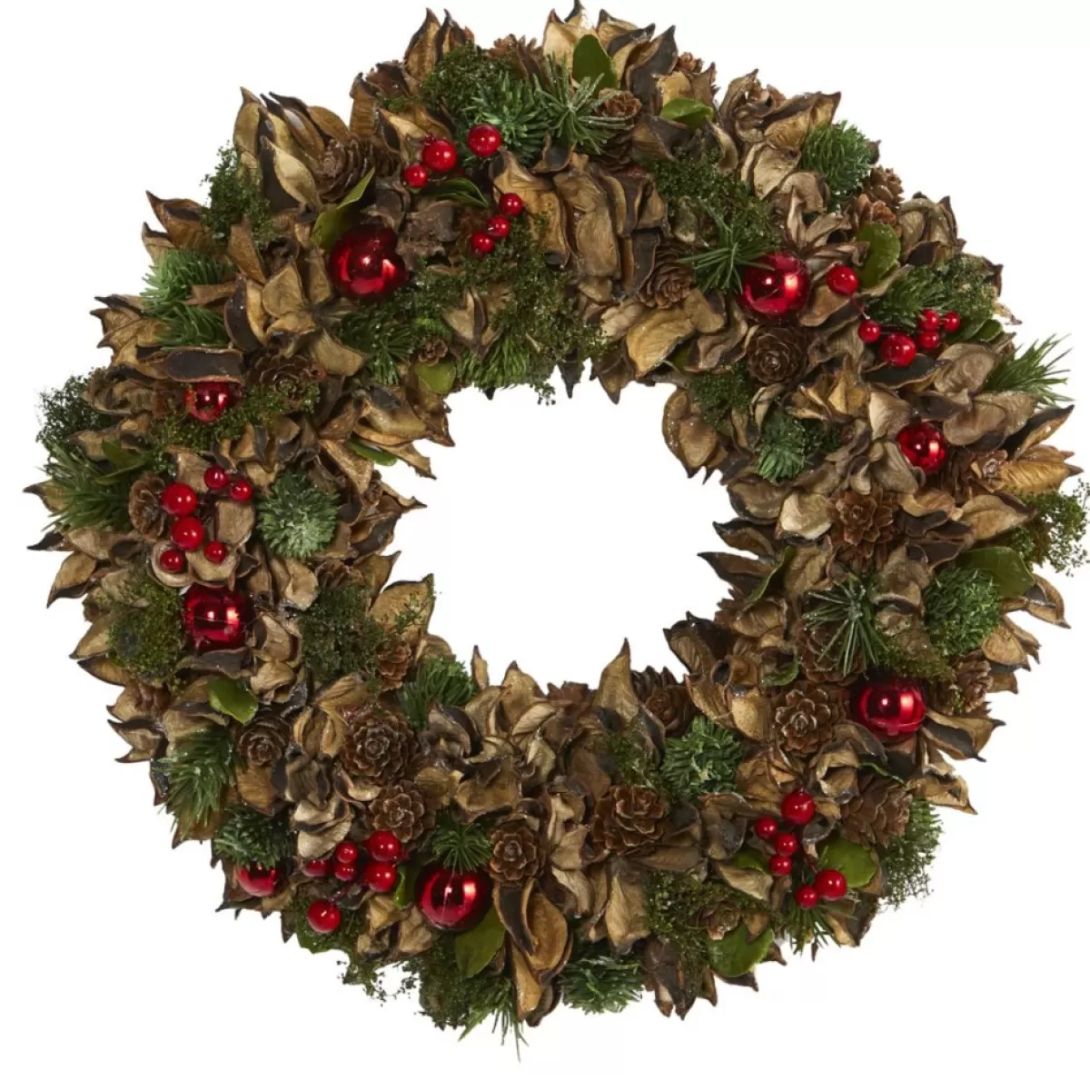 Nearly Natural Wreaths, Garlands & More | 15" Holiday Artificial Wreath W/Pinecones And Ornaments