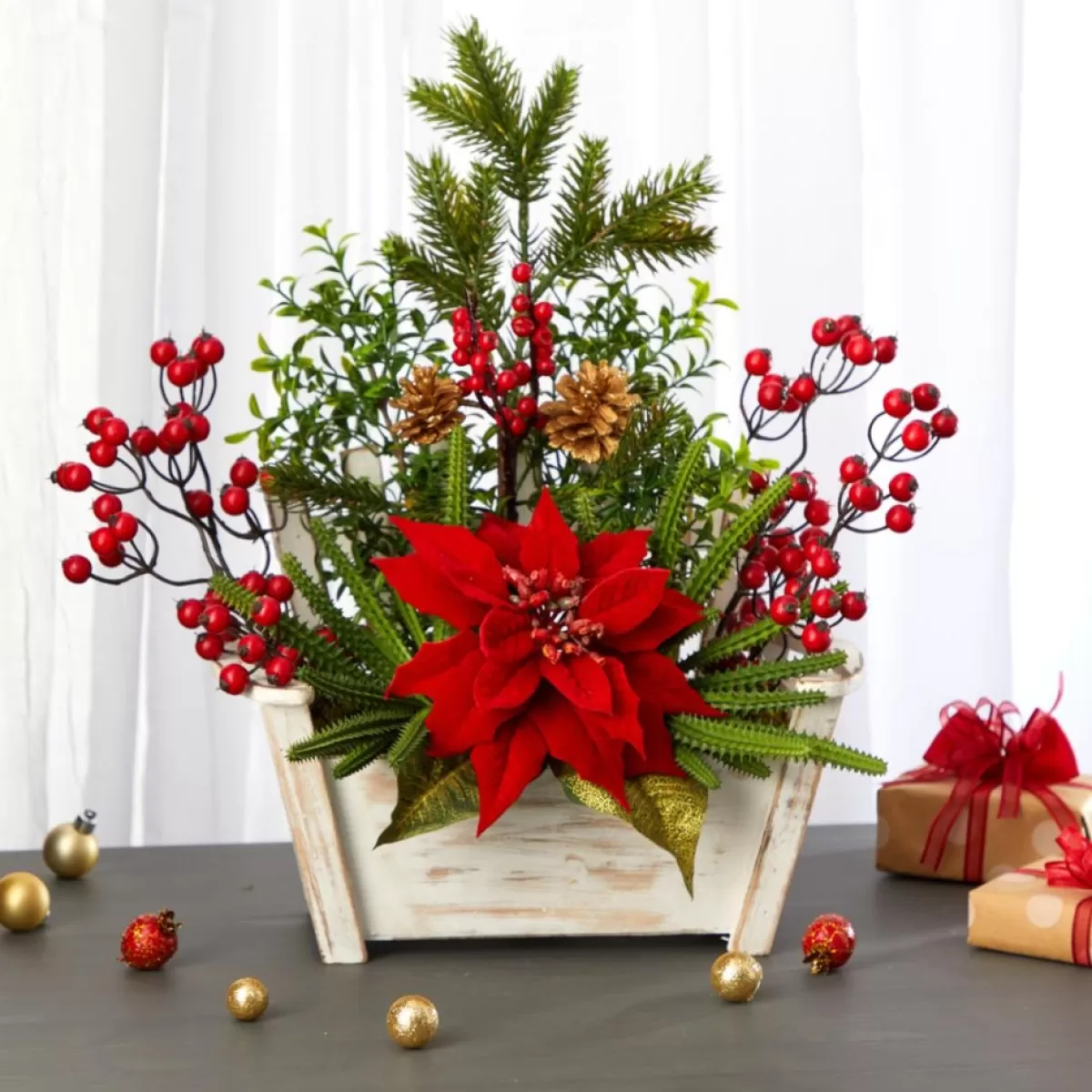 Nearly Natural Wreaths, Garlands & More | 18 In. Poinsettia, Succulent And Berries In Planter