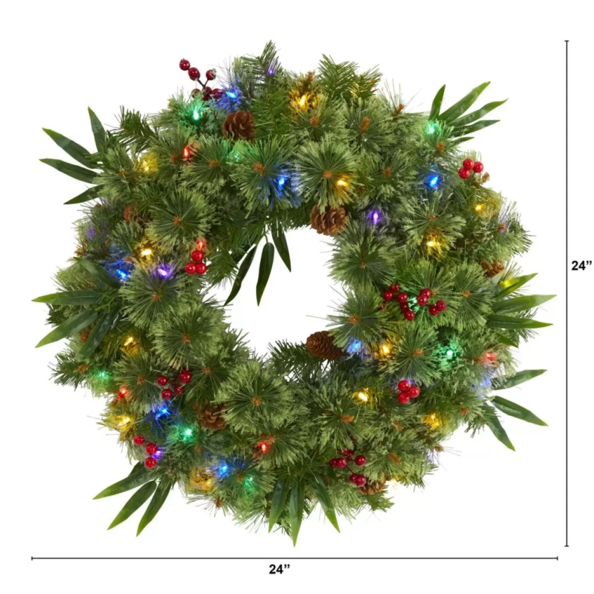 Nearly Natural Wreaths, Garlands & More | 24 In. Mixed Pine Christmas Wreath With Lights