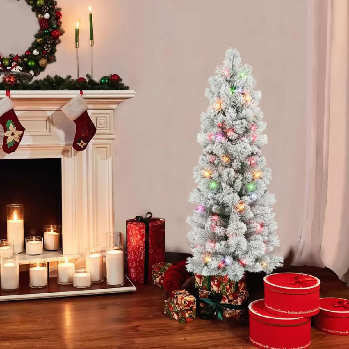 Puleo International Christmas Trees | 4.5' Multicolor Flocked Portland Pine Pencil Tree