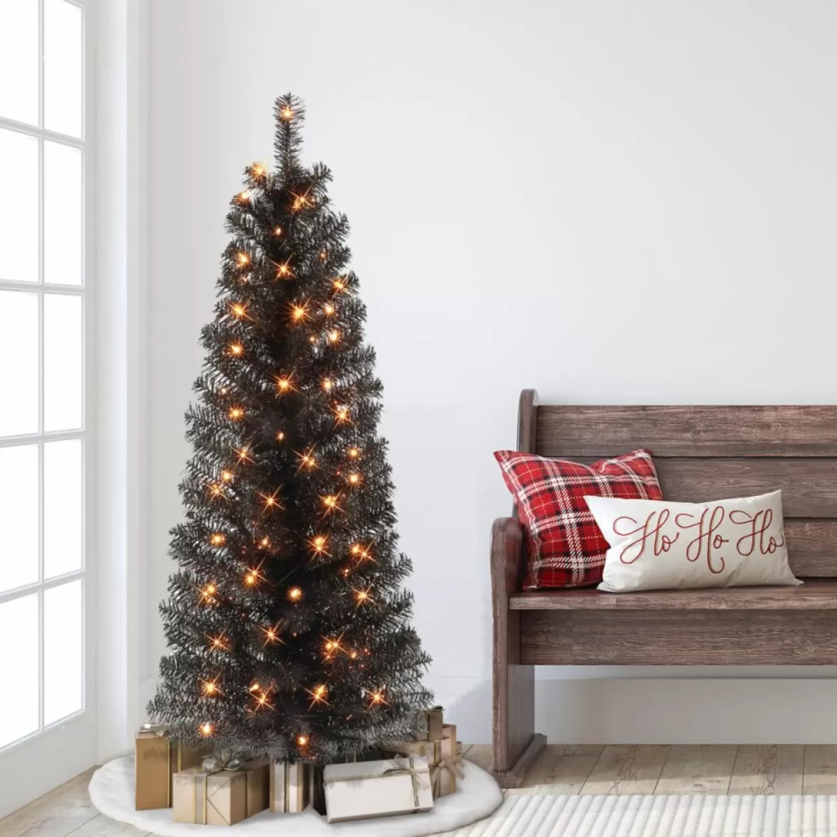 Puelo International Christmas Trees | Puleo International 4.5' Pre-Lit Black Tinsel Tree W/ 70 Clear Lights