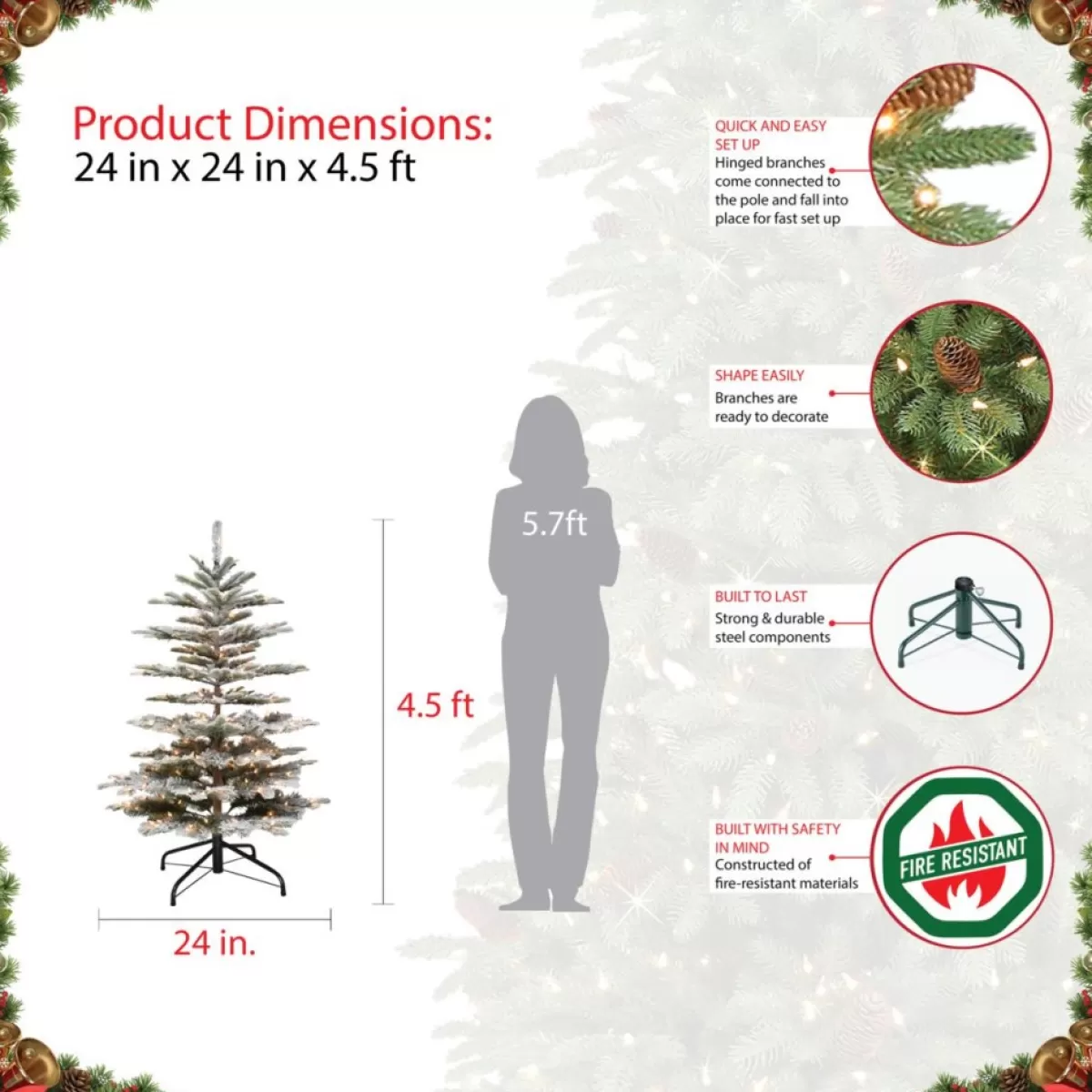 Puleo International Christmas Trees | 4.5' Pre-Lit Slim Flock Aspen Fir Christmas Tree